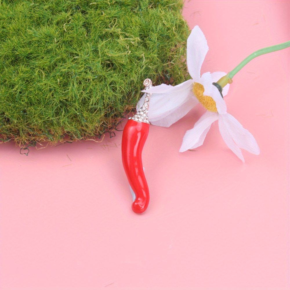Shimmering Red Pepper Gem Brooch, Red Enamel with Rhinestones